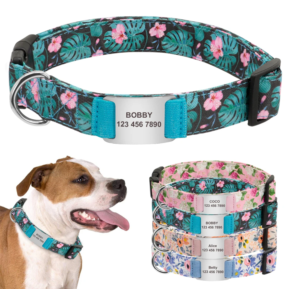 

Flower Printed Dog Collar Custom Nylon Puppy Pet Collar Personalized Pitbull Collars Pets Acessorios for Small Medium Large Dog