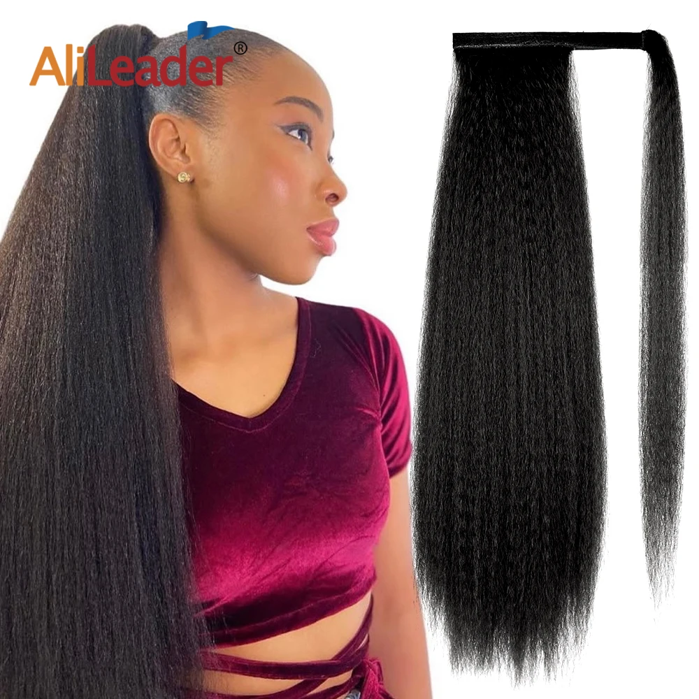 

AliLeader 22inch Afro Kinky Yaki Straight Pony Tail Extension Wrap Around Heat Resistant Synthetic Hair Ponytail for Black Women
