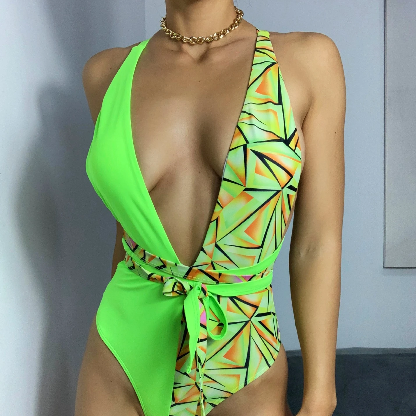 

Best Selling Cross Bandage Custom Bikini Plunge in Neon Green Geometric Swimming Costume Girls One Piece Swimsuit Sexy