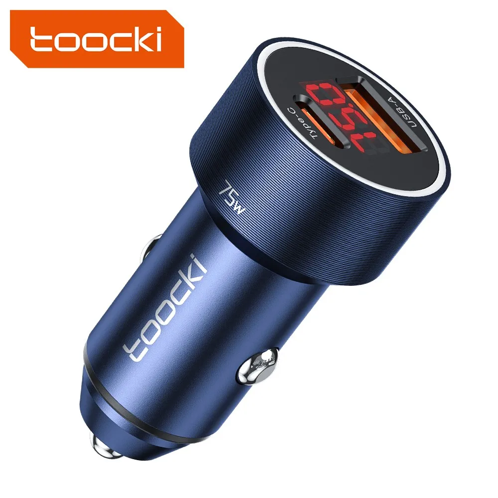 

Toocki usb type-c dual port fast charging intelligent power LED display 75W Aluminum alloy car charger