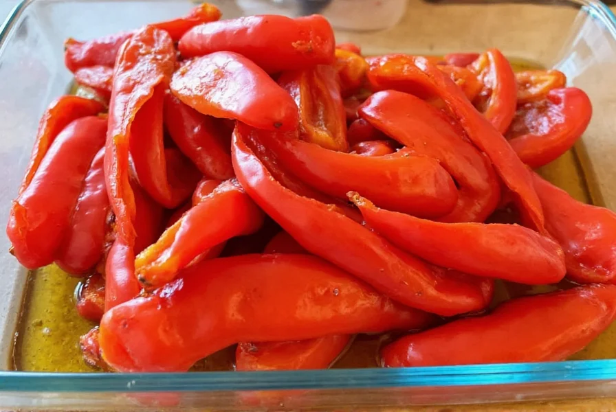 Freshly roasted red peppers peeled and sliced in glass container with olive oil