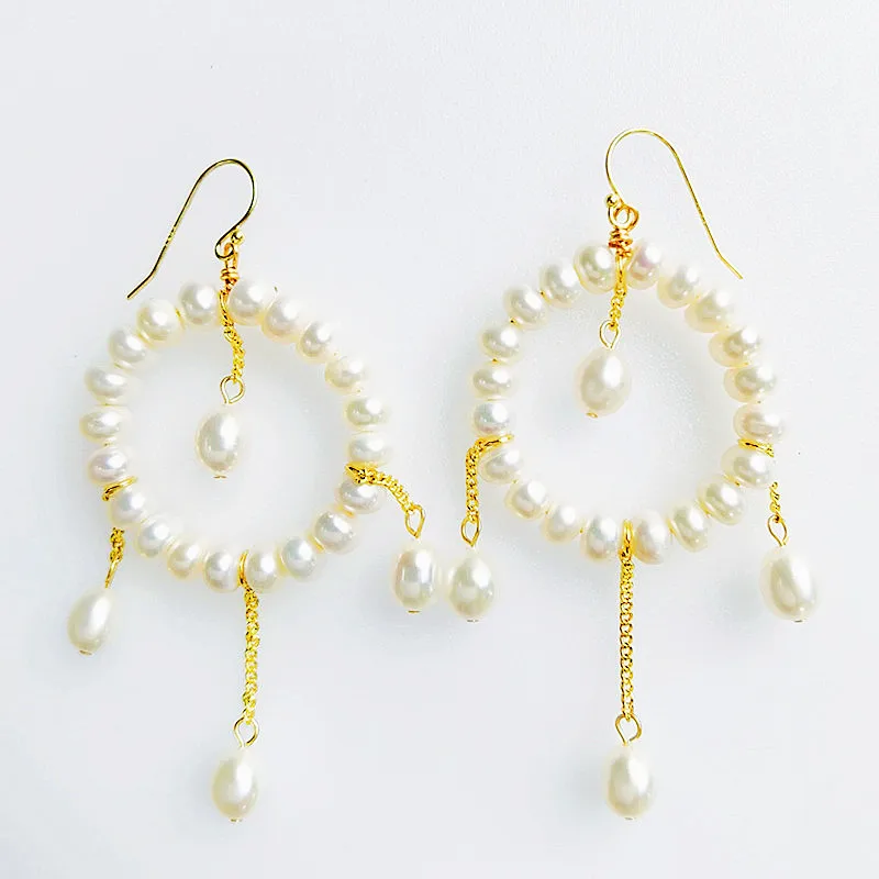 

E148 Best Price Geometric Long Drop Pearl Irregular Freshwater Circle Brass silver hooks Earring for women 2021