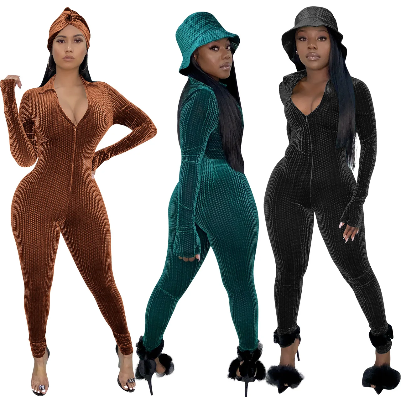 

Korean velvet sexy V-neck solid color jumpsuit fall 2022 women clothes, Customized color/as show