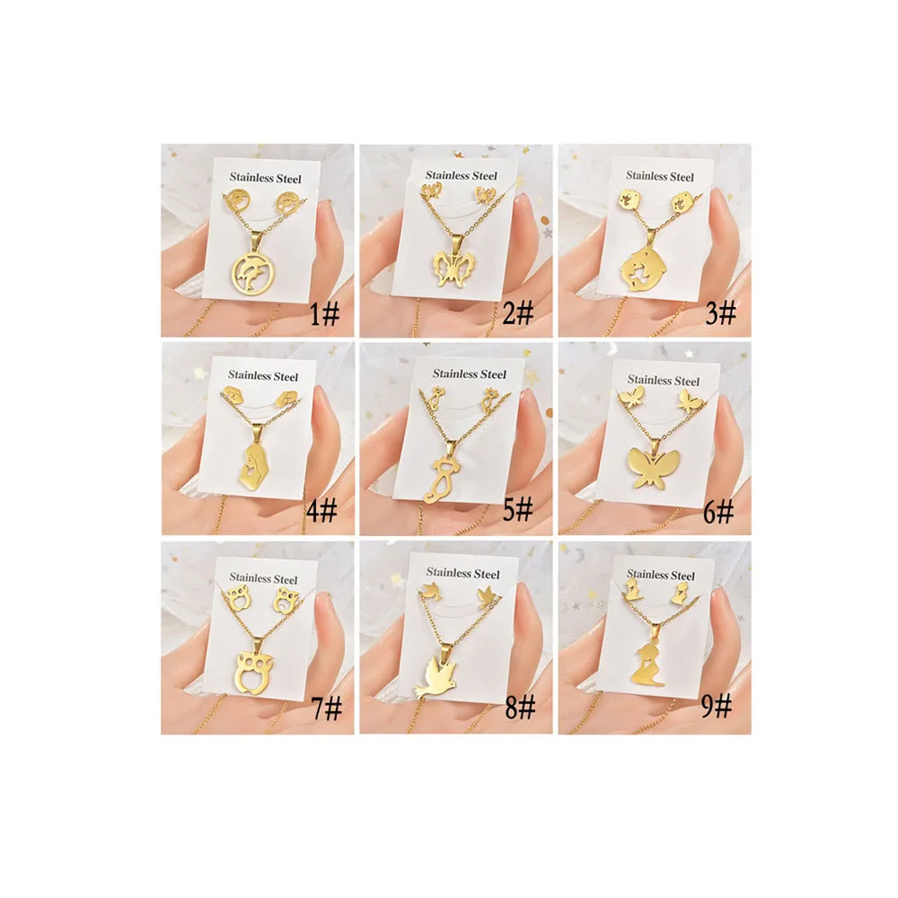 

9 Style Stainless Steel Jewelry Sets Gold Plated Pendant Butterfly dolphin Charm Necklace Chains Earrings Jewelry Set For Women, White color
