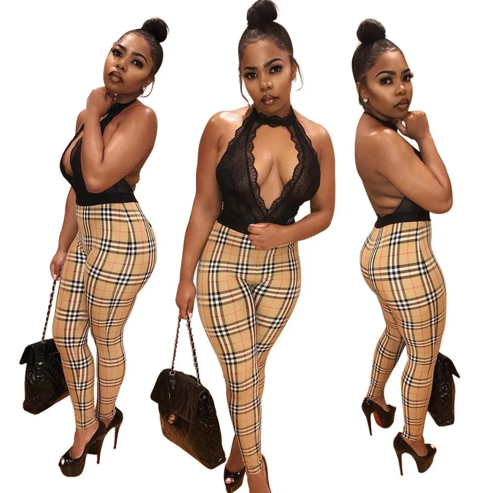 

Sexy ladies 2020 clubwear low chest backless splice grid printed one piece jumpsuit rompers clubwear, Black