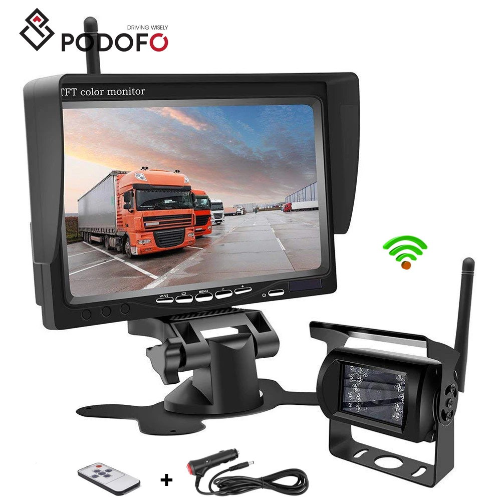 

Podofo Wireless Reverse Camera 7" Vehicle Rear View Monitor + Waterproof Back Up Camera Night Vision Parking System for Truck