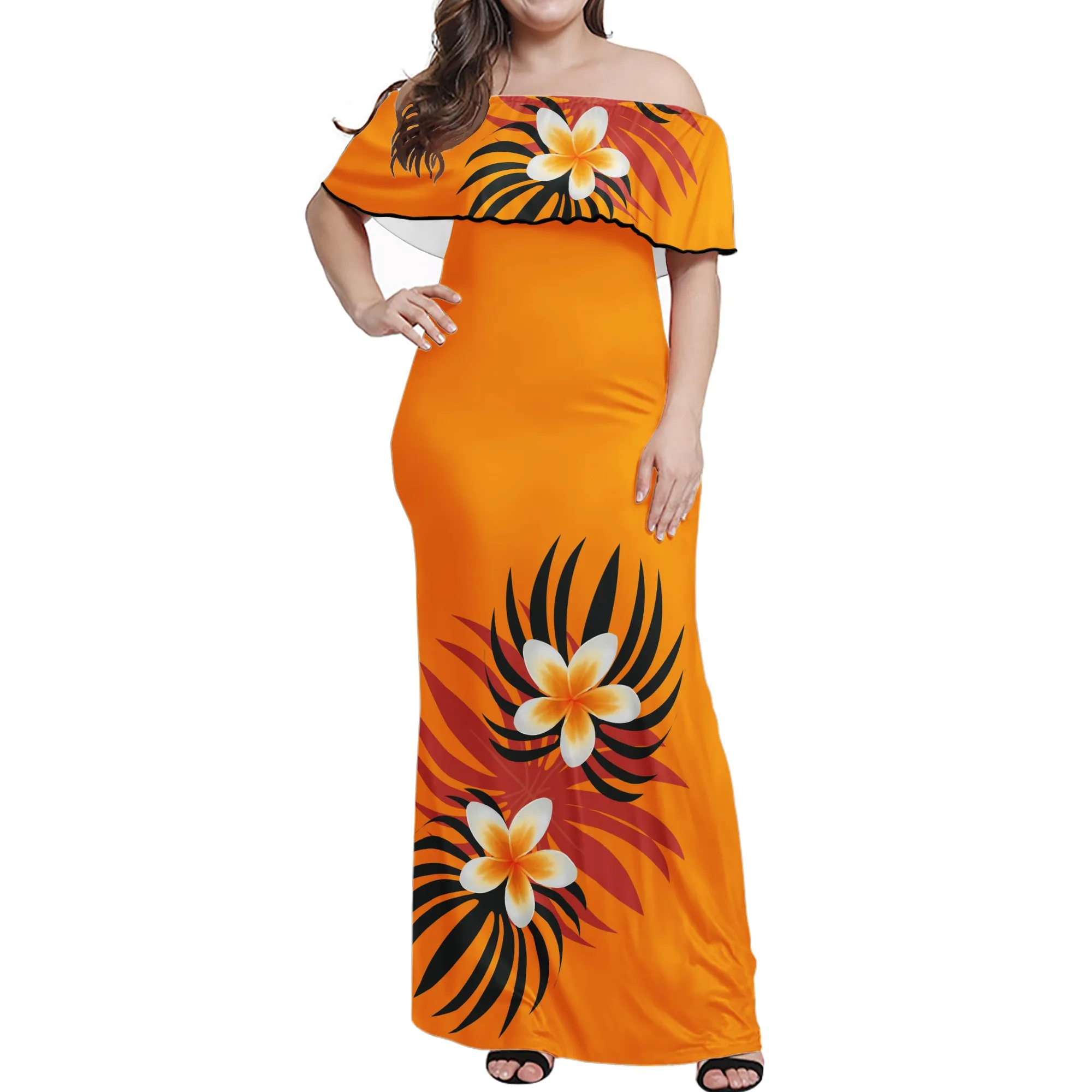 

2021 Wholesale Polynesian tribal dresses Ruffle Orange off shoulder dress with plumeria flower Prints women Casual maxi skirt, Customized color