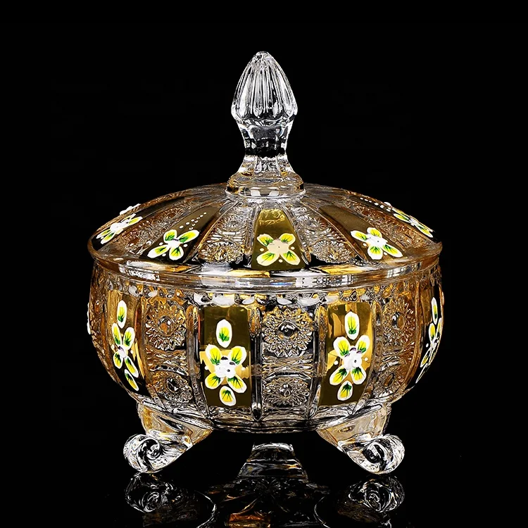 

Candy jar bowl with lid sunflower gold line series real with Czech enamel