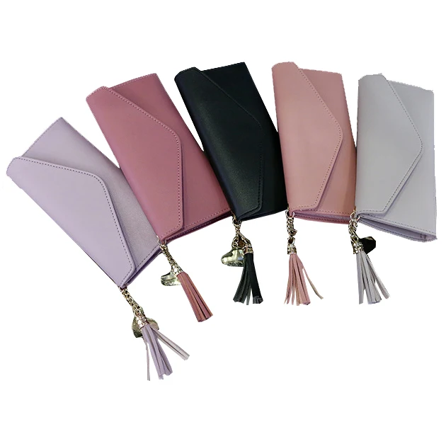 

Simple Zipper Purses Long Section Clutch Wallet Soft PU Leather Designer Slim Wallets for women with tassels, As photo