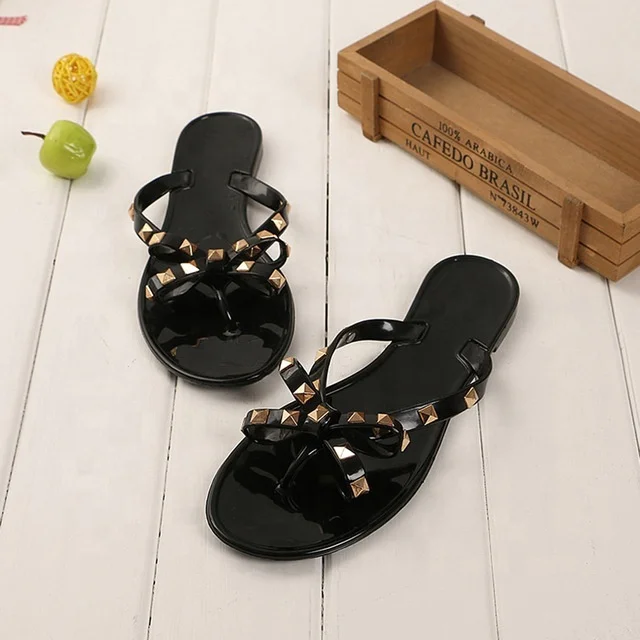 

Wholesale Women Sandals Flat Jelly Shoes Bow V Flip Flops Stud Beach Shoes Summer Rivets Slippers Thong Sandals