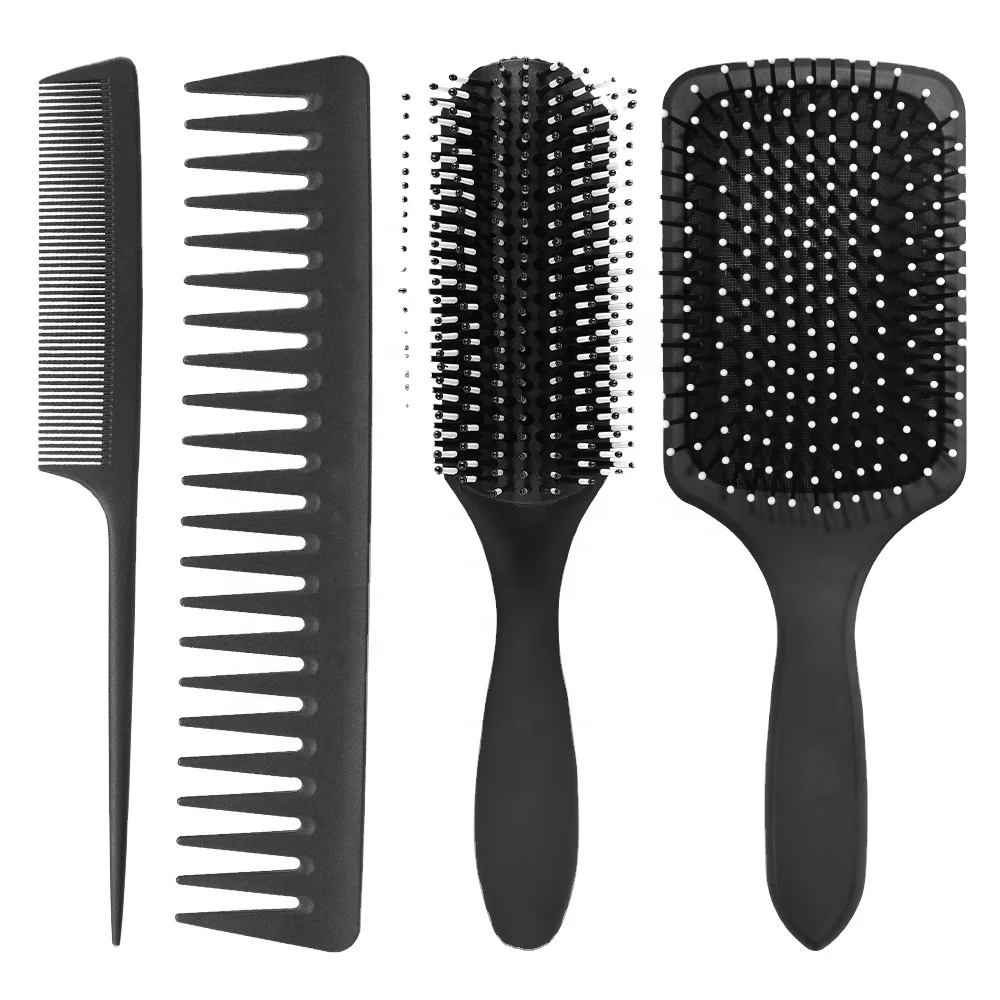 

Custom Logo 4 Pcs All Hair Types Plastic Paddle Detangling Brush and Carbon Comb Set