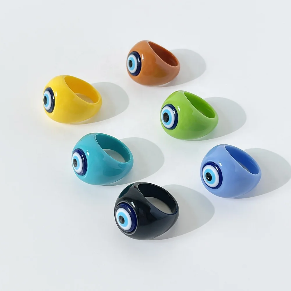 

Amazon Hot Selling Women And Men Jewelry Rings New Colorful Simple Fashion Resin Evil Eyes Rings, Picture shows