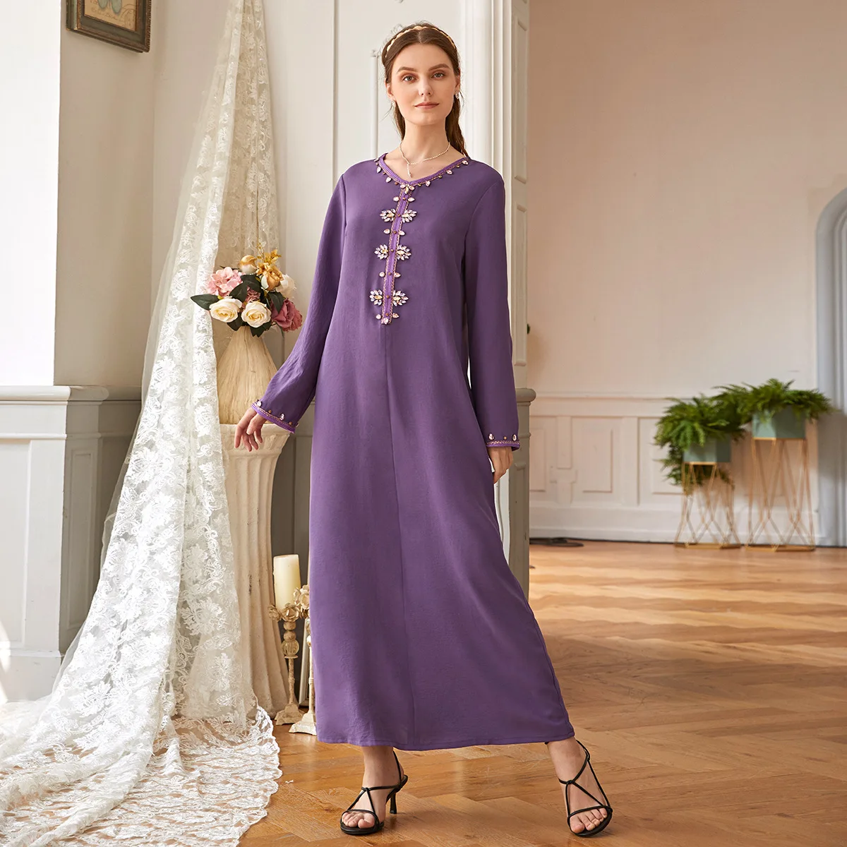 

Handmade Beading V Neck Selvedge Muslim Islamic Abaya Maxi Dress, Purple