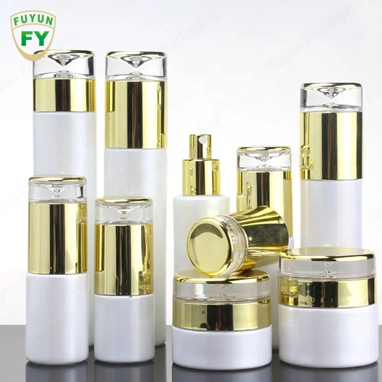 

Fuyun Gold Lid Round White Face Cream Jar Empty Pump Cream Lotion Glass Bottle Cosmetic Spray Serum Bottles with Pump