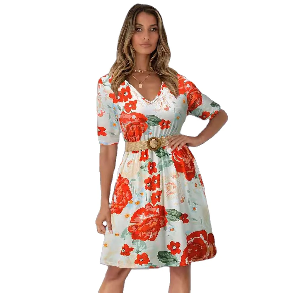 

European and American foreign trade models Slim large size printed dress for 2021 spring and summer new floral vest skirt, Picture