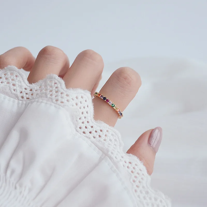 

Luxury Minimalist Jewelry Rainbow Zircon Band Ring Colorful Inlaid Zircon Opening Finger Ring for Wedding Engagement