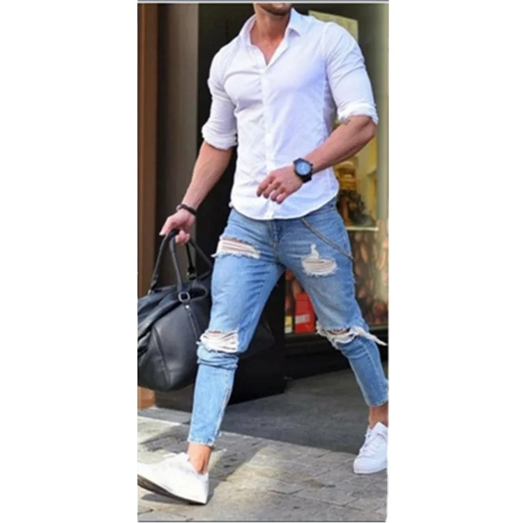 

Wholesale Fashion Men Skinny Straight Jeans Washed With Pockets Sky Blue Men Pant, As picture
