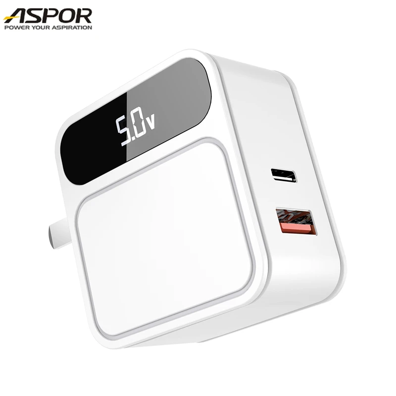 

ASPOR Superior Quality Fast Charger 18W Usb Wall Charger PD QC3.0 With Digital Display Easy To Carry Phone Charger, White