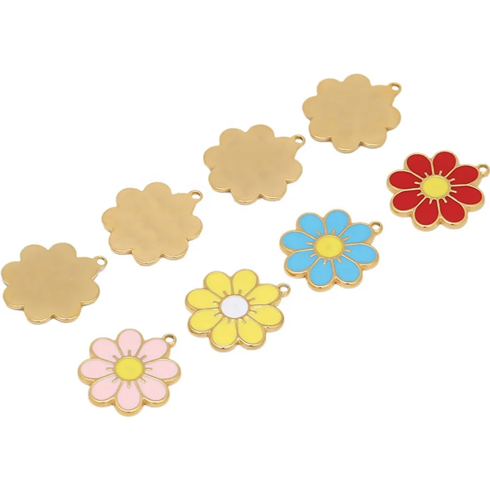 

5Pcs Cute Stainless Steel Gold Color Enamel Flowers Charms Pendants For Necklace Making Bracelet DIY Jewelry Accessories