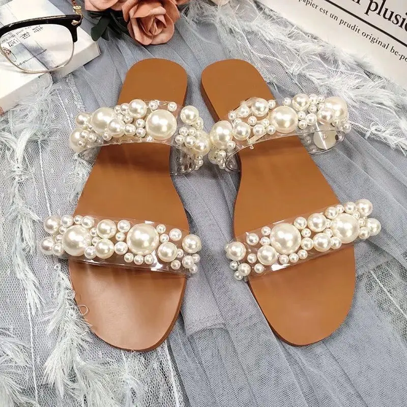 

Women'S Pearl Embellished Slide Sandals Casual Flat Shoe Slipper Freshwater Faux Drcor Fluffy Sandal