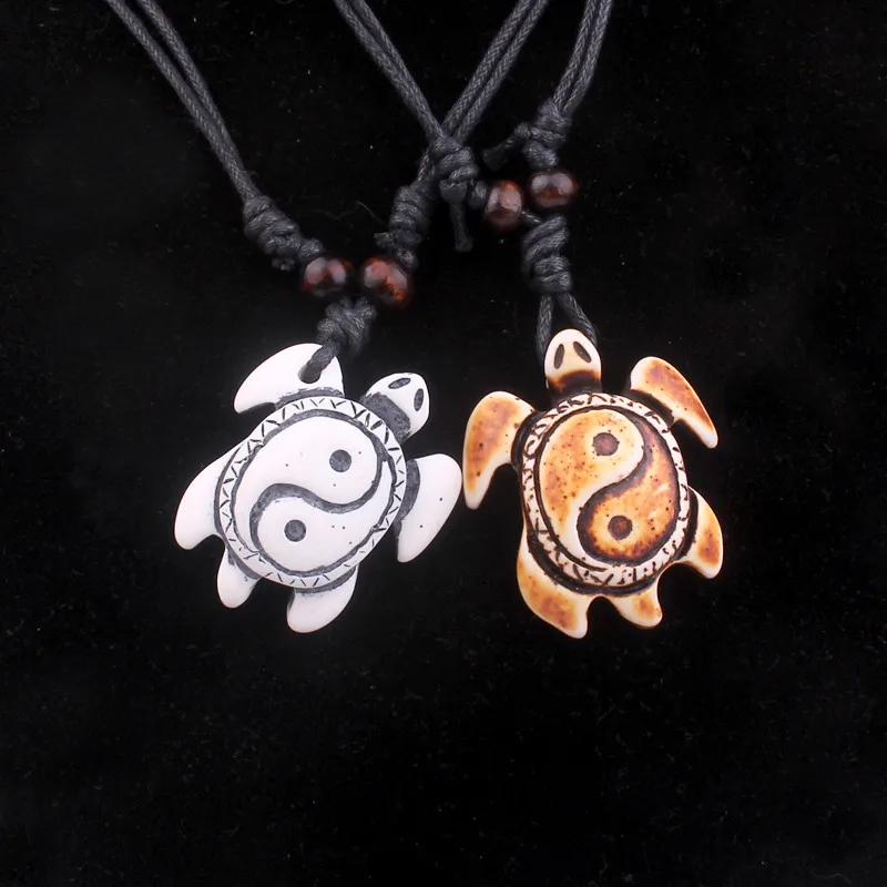 

Maori Sea turtles Tai Ji chi ying yin yang Yak Bone Jewelry engraved pendant Choker necklace, Brown white