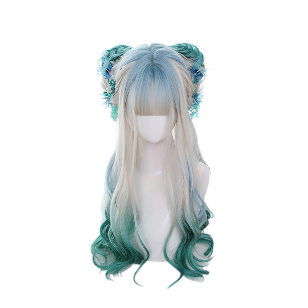 

Blue Gradient White Gradient Green Blue Long Wavy Synthetic Hair Wig Japanese Lolita Rooming Face Natural Cute Girls Cosplay Wig, Pic showed