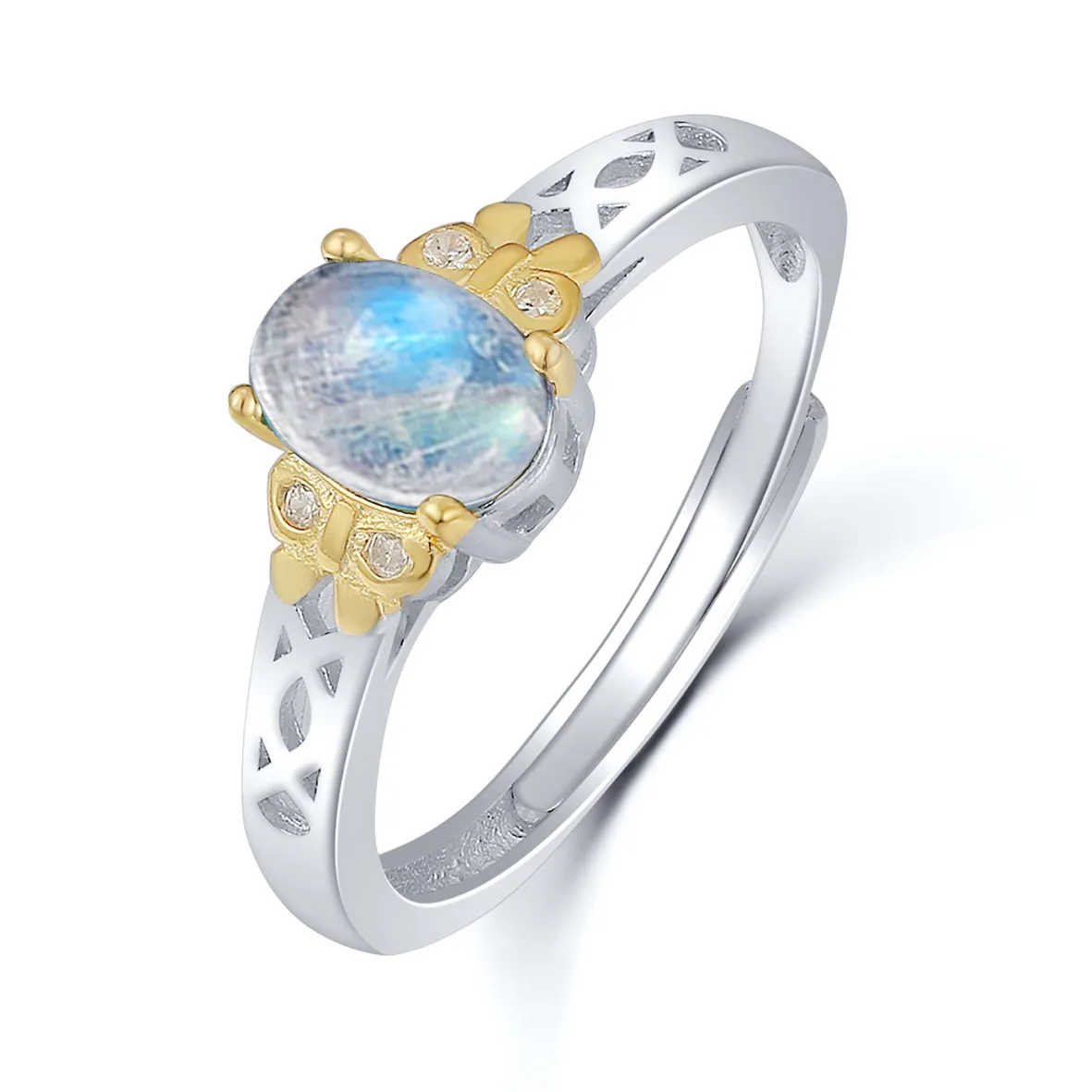 

Vintage Moonstone Rings Adjustable Women 925 Sterling Silver 14K Gold Two Tone plated Moonstone Rings For Women Simple Ring Gift