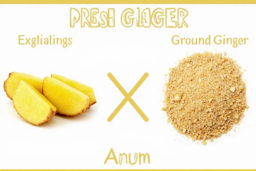 Fresh ginger root next to ground ginger in measuring spoons showing substitution ratio