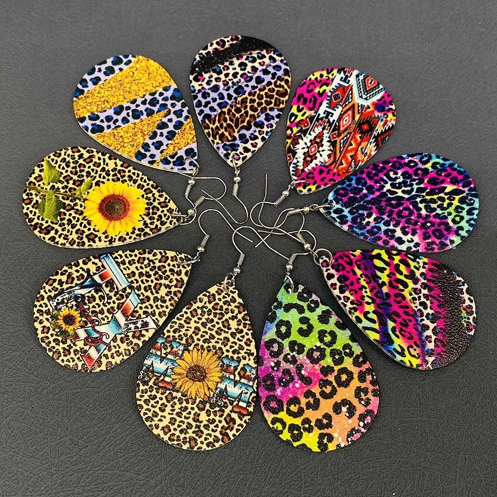 

Vintage Collision Leopard Patchwork Leather Earrings Sunflower Daisy Water Drop Earrings Female Personality Jewelry