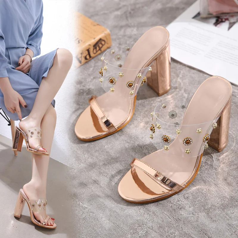

2021 summer fashion plastic thick heel high heel sandals women's slippers wear versatile Korean version 35-40