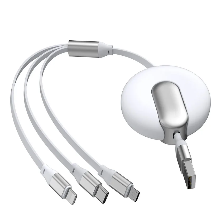 

OEM ODM Smartphone Wire Cord Usb C Cable Charging Zinc Alloy Micro Type-C Lightning 3 In 1 Retractable Data Usb Cable, Black,white,blue