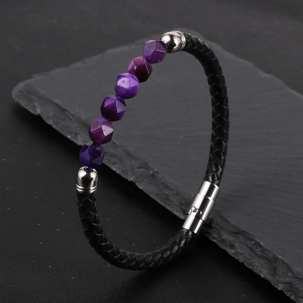 

Nabest 2022 New Arrival Stainless Steel Jewelry Braided Leather Wristband Faced Beads Purple Tiger Eye Lapis Lazuli Bracelets