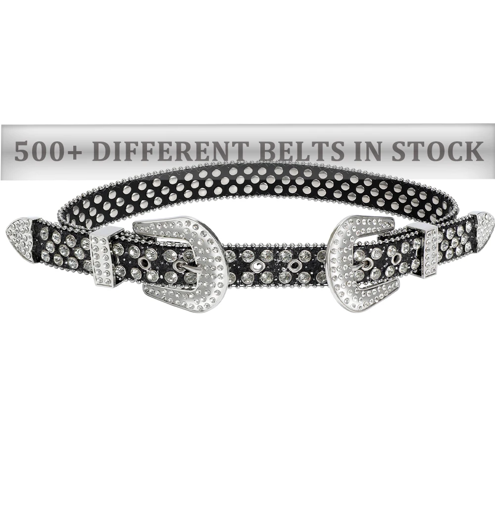 

Wholesale Double Buckle Studded Diamond Western Chic Style Rhinestone Belt Plus Size Pin Buckle Leather Men Women Belt