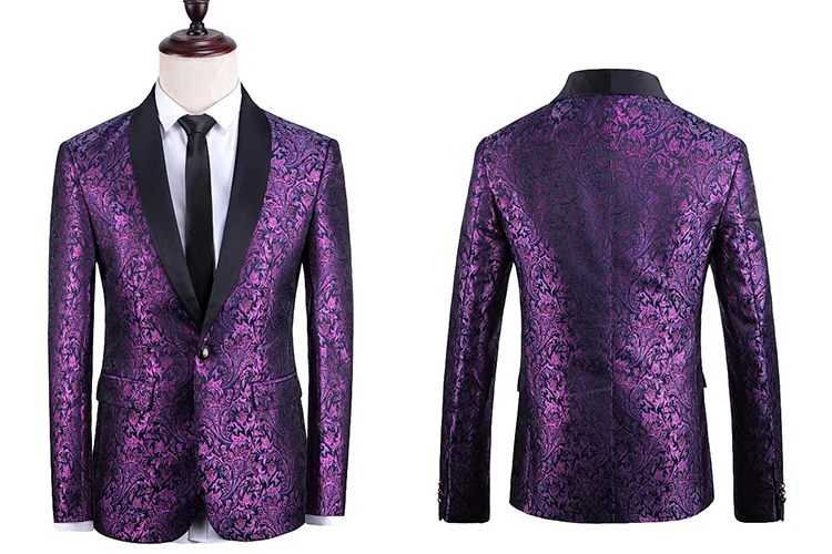 Purple Paisley Floral One Button Suits Jacket Pants Men Stage Party Wedding Groom Suit