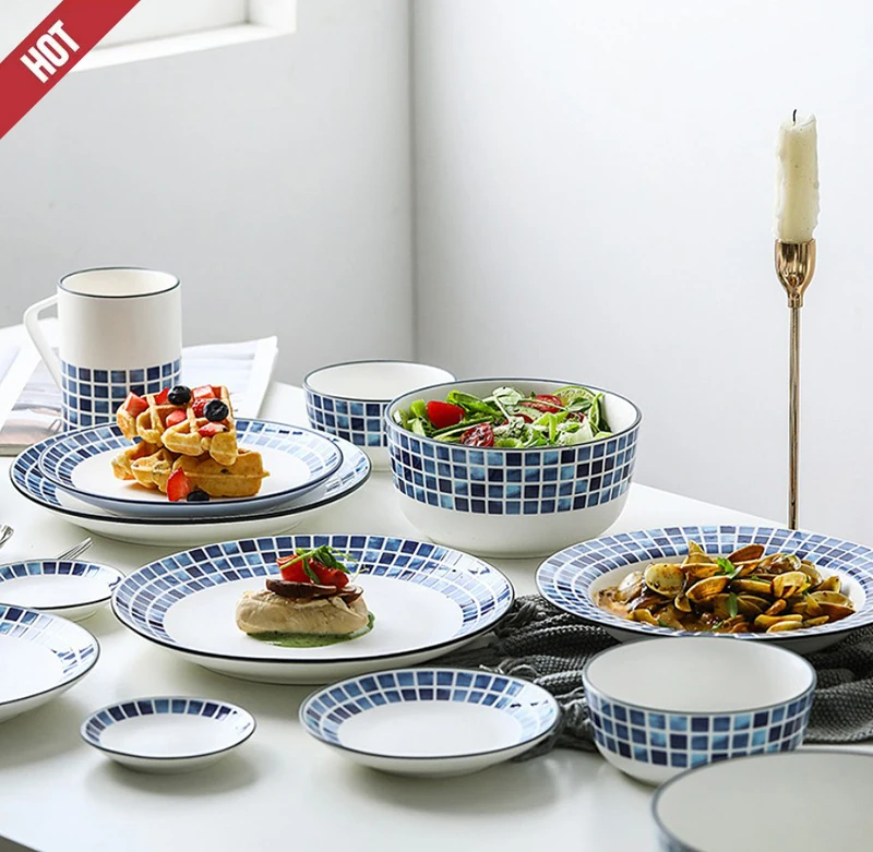 

Korean style blue white Mosaic design ceramic tableware fruit dinner plate soup salad bowl porcelain dinnerware sets