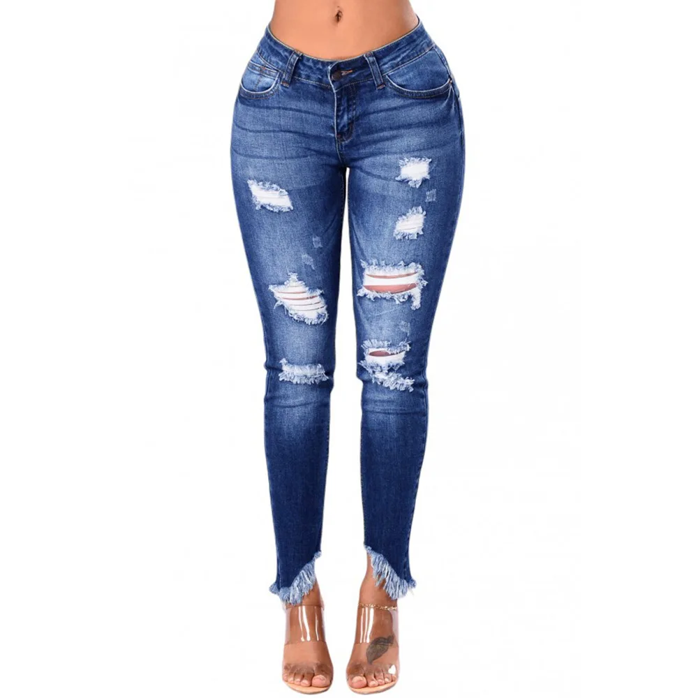 

2020 New fashion High waist Elastic force Irregular tassel Pencil Pants Jeans women ladies jeans