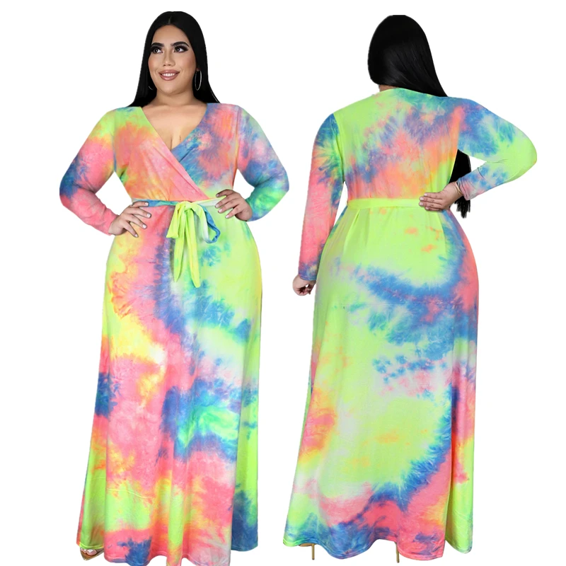 

Plus size L-4XL European and American tie dye printed long dress, large-sized milk silk temperament dress, 15 colors