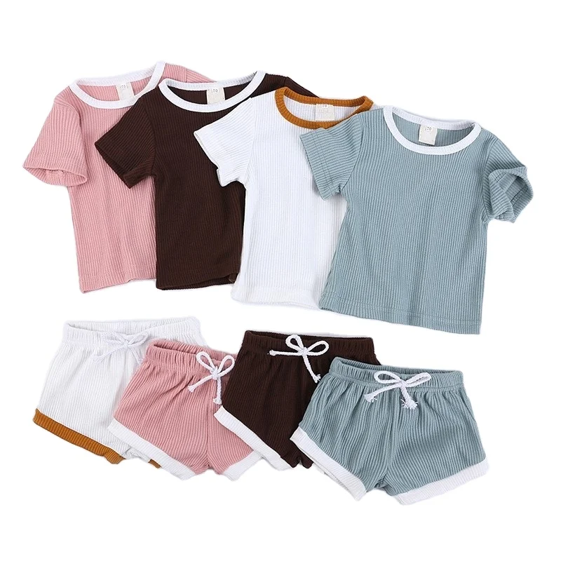 

Wholesale Plain Cotton Ribbed Baby Two Piece Sets Clothes Girl Summer Baby Set Clothing, As picture or customize color