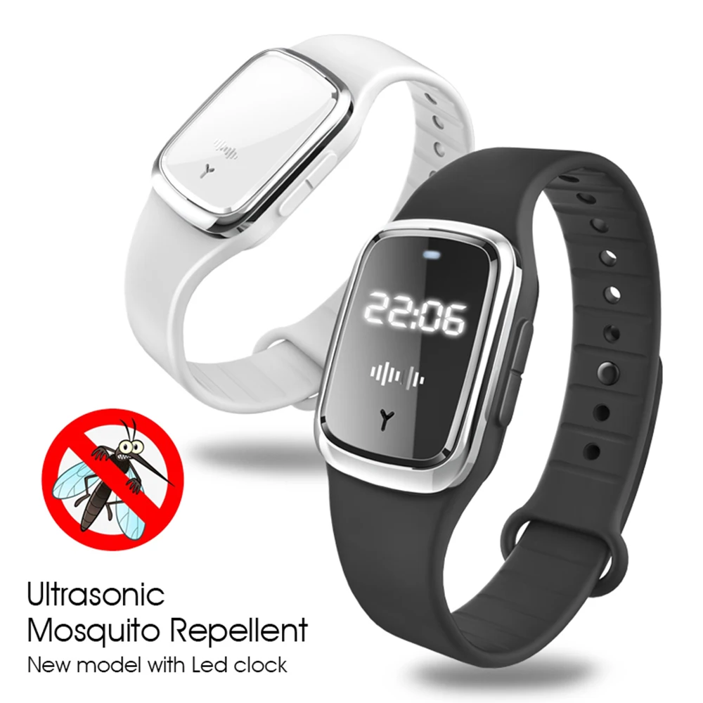 

2021 Amazon hotselling M2 Electric Ultrasonic Mosquito Killer Repeller wristband Repellent Bracelets with LED Lamp watch, White/black