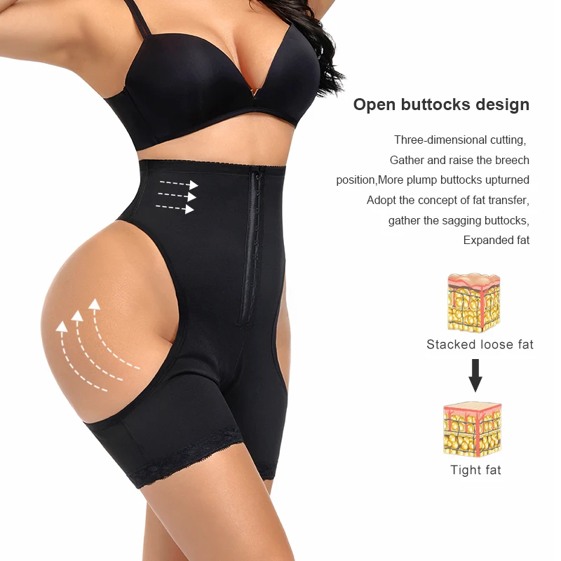 

Plus Size 6XL Waist Trainer Tummy Control Panties Butt Lifter Body Shaper Lace Open Buttocks Hooks Shapewear For Women, Skin/black