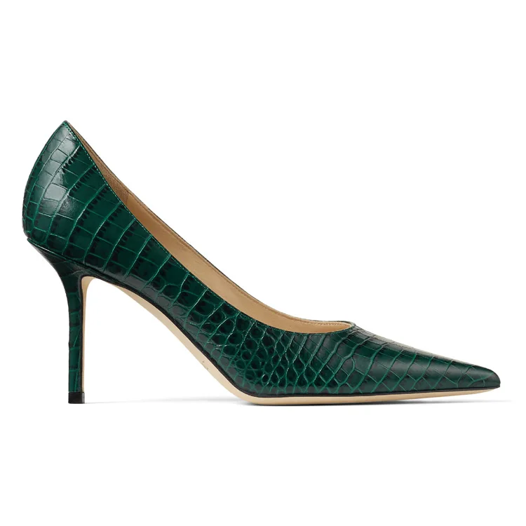 Dark Green Croco Leather High Quality Thin Heel Basic Style High Heel