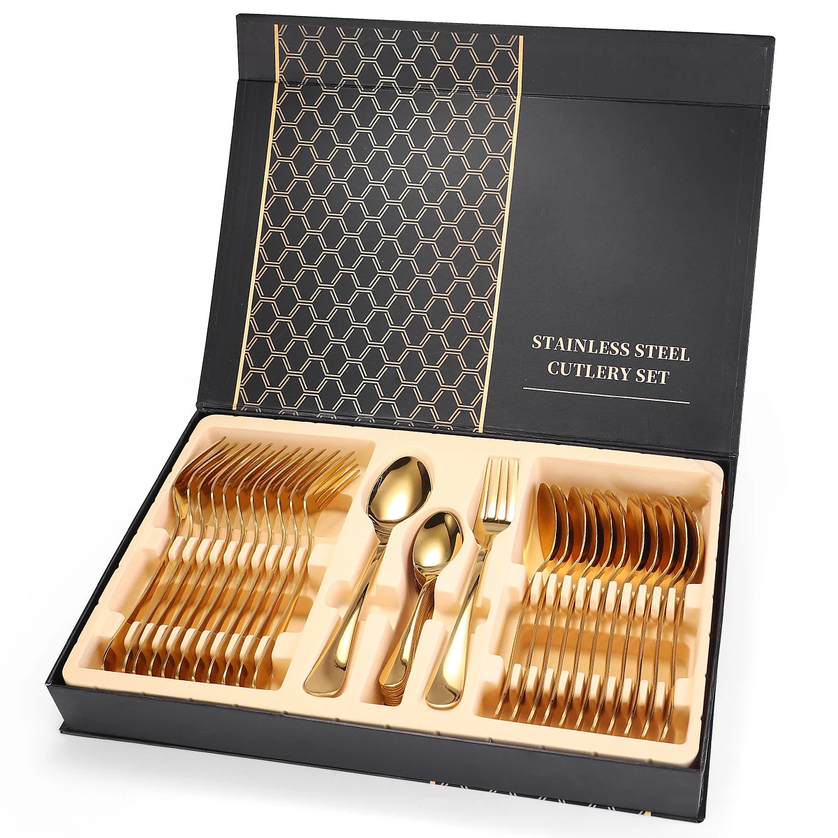 

Best-Selling 36-piece Stainless Steel Gold Cutlery Set With Gift Box Western Tableware