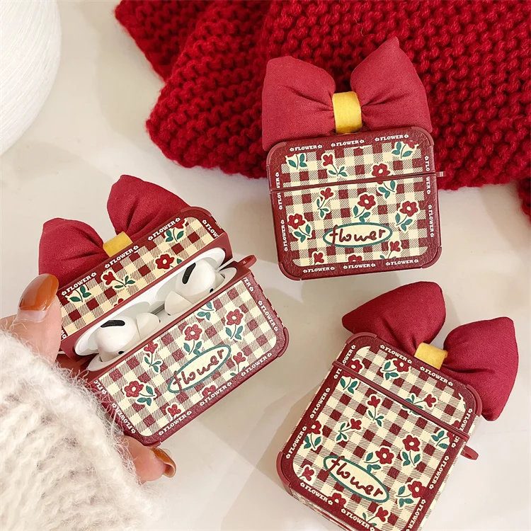 

2022 Hot Fashion Luxury Flower Pattern Plaid Soft Leather Case With Bowknot for Airpods 1 2 Pro for Air pods 2 3 Pro