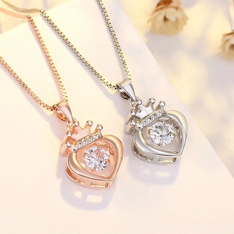 

Luxury Crown Double Layer Zircon Heart Pendant Necklace Women Anti-allergy Plated 18k Rose Gold Brass Earring Wholesale Jewelry