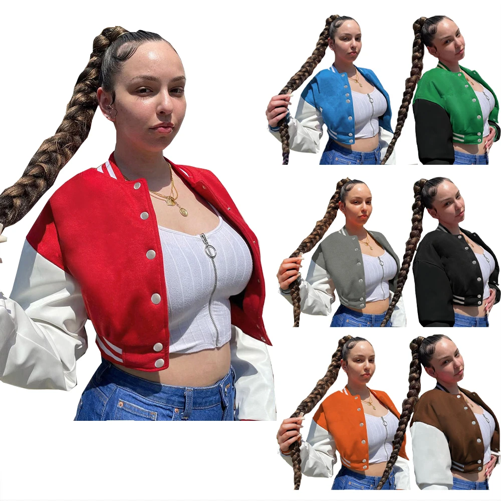 

Varsity Jacket Sporty Baseball Fashion Fall PU Patchwork Preppy Style Jacket Crop Top Coats Red Bomber Jacket for Women RS01110