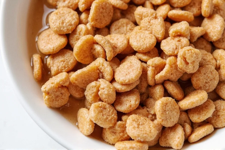 Close-up photography of Frosted Cinnamon Flakes cereal in a white bowl with milk, showing the distinctive flake texture and cinnamon coating