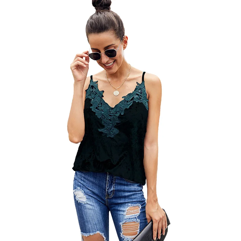 

Ladies' Blouses Loose Plus Size Summer Spaghetti Straps Sexy Green Velvet Cami Women's Tank Tops, Customized