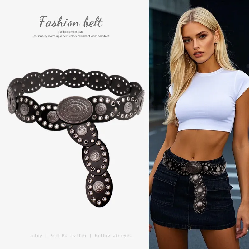Punk Large Circular Pattern Alloy Buckle Belt for Women Retro Oval Splicing Belts Factory Direct Sales Belt for Ladies