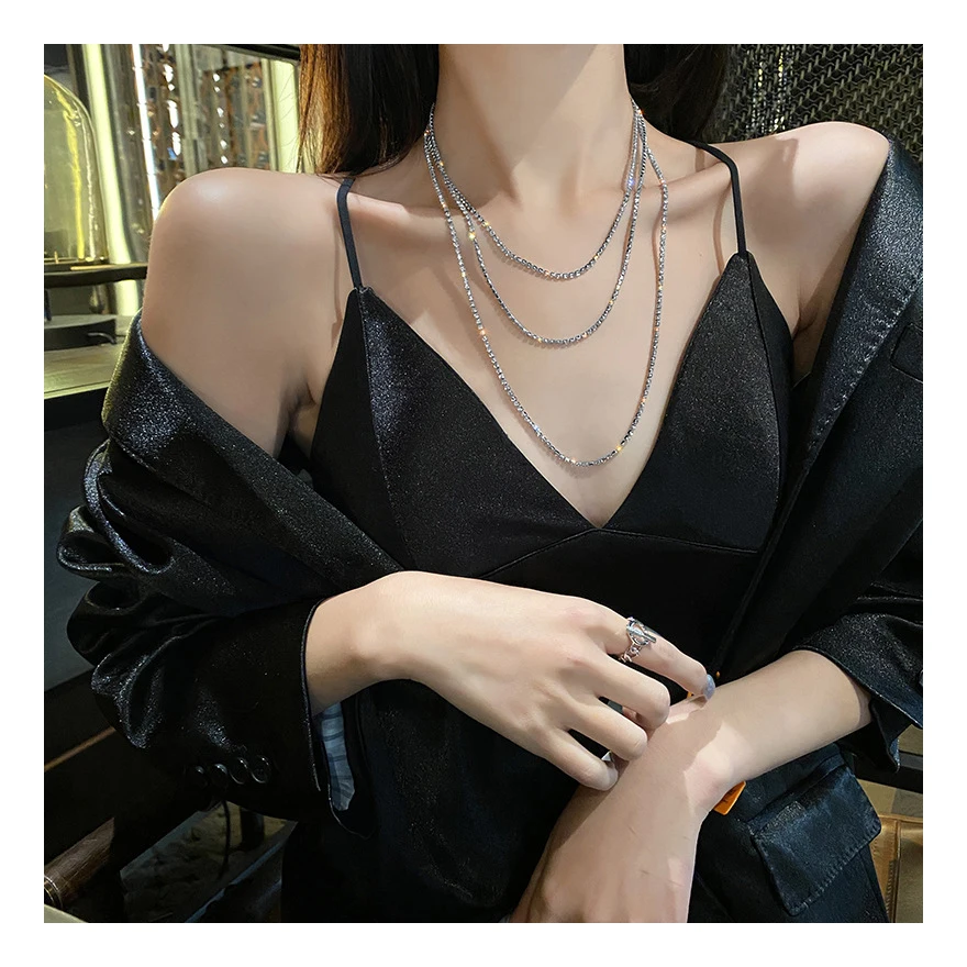 

2021 New Design Copper Alloy Chain Three Layer Silver Plated Necklace Simple and stylish Pendant Necklace Chain Necklace