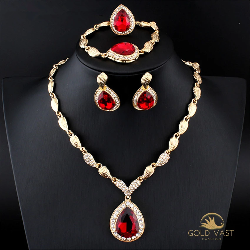 

collar acero inoxidables New blue red gemstone alloy rhinestone four-piece jewelry set wholesale supply joyas de oro italiano, Gold color